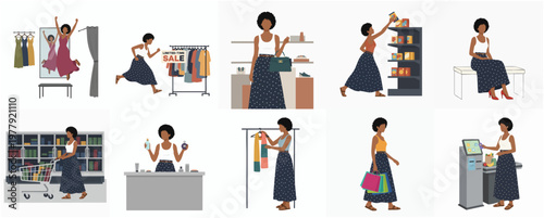 Flat Style Illustration of Young African Woman in Different Shopping Scenarios