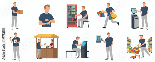 Flat Style Man in Various Purchase Scenarios, Shopping and Service Activities
