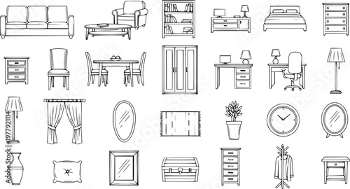 Hand-Drawn Furniture and Home Decor Vector Icons Set. Line Art Sketches of Various Household Items for Interior Design Projects.