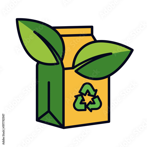 Biodegradable packaging concept with leaf symbols in vivid vector illustration