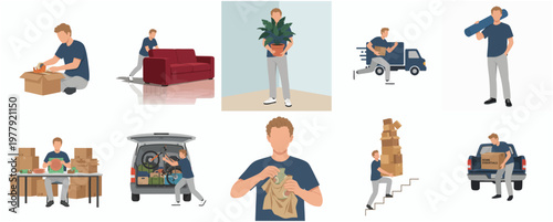 Flat Style Detailed Man Moving Home Activity Illustration Set
