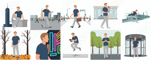 Flat Style Full Body Man Character in Various Urban Scenes Illustration