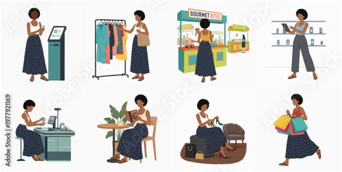 Flat Illustration Woman Shopping at Different Places Set