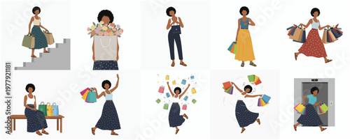Stylish Fashionable Woman Character in Various Poses with Shopping Bags Illustration