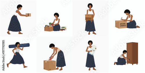 Flat Character Moving House and Packing Belongings in Box Illustration Set