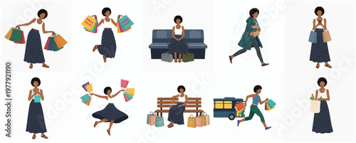 Flat Graphic Style Shopping African Woman Various Pose and Activity Illustration Set