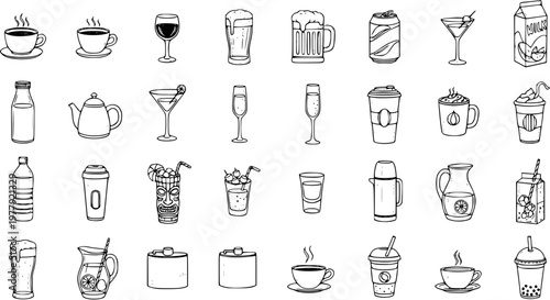 Hand-Drawn Beverage Icons Set. Sketchy collection of various hot, cold, alcoholic, and non-alcoholic drinks in cups, bottles, glasses, and cartons for cafe and bar menus.