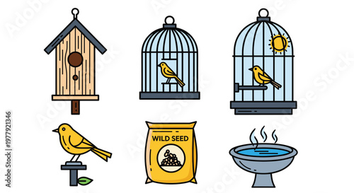 Colorful illustration of bird related items including a birdhouse caged and free birds seed bag and birdbath, Generative AI.