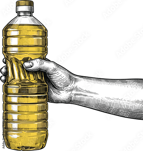 Hand holding plastic bottle of cooking oil in vintage engraving style.