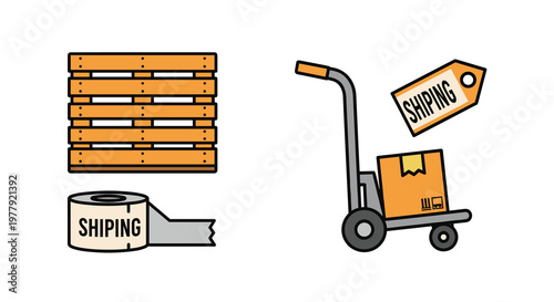 A set of shipping related icons including a wooden pallet a roll of shipping tape a dolly with a box and a shipping tag, Generative AI.