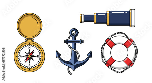Nautical icons including a compass anchor lifebuoy and telescope, Generative AI.