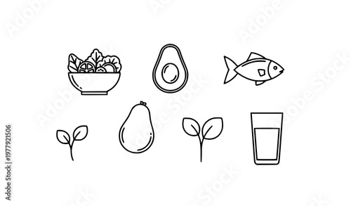 Minimal healthy food icons scattered layout salad avocado fish juice and plant vector illustration