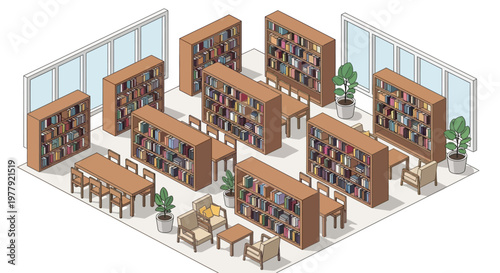 Isometric Library Interior with Bookshelves, Reading Tables, and Study Area - Modern Educational Space Illustration