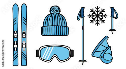 A collection of blue ski equipment and accessories including skis hat goggles ski pole and snowflake, Generative AI.