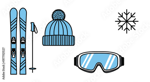 A set of ski equipment including skis a hat goggles and a snowflake, Generative AI.