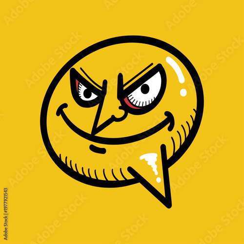 Sly Evil Grin Speech Bubble - Cartoon yellow speech bubble with mischievous sly grin and narrowed eyes, perfect for teasing, villain, sarcasm, and funny reaction