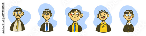 Five Male Cartoon Portraits - Diverse set of cartoon male characters with various ages, hairstyles and expressions, perfect for avatar, character design, and illustration