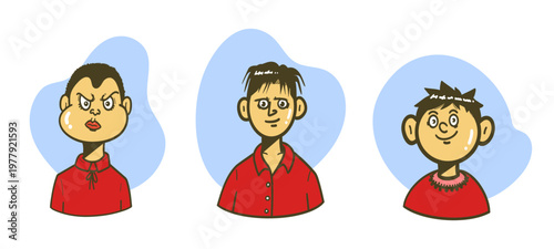 Three Boys Cartoon Portraits - Set of three cute cartoon boys with different hairstyles and expressions wearing red shirts, perfect for character design, children illustration, and emotion set
