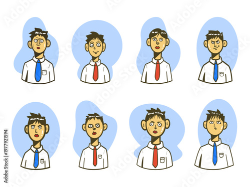 Eight Cartoon Businessman Portraits - Diverse set of cartoon male office workers with various hairstyles, expressions and ties, perfect for avatar, emotion, reaction, and business character design