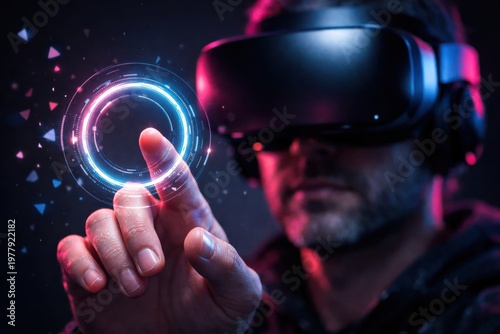 Person using VR headset with futuristic holographic interface in dark tech environment