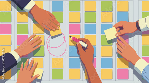 Multiple hands collaborate on a grid board, actively placing and arranging colorful sticky notes during a planning session