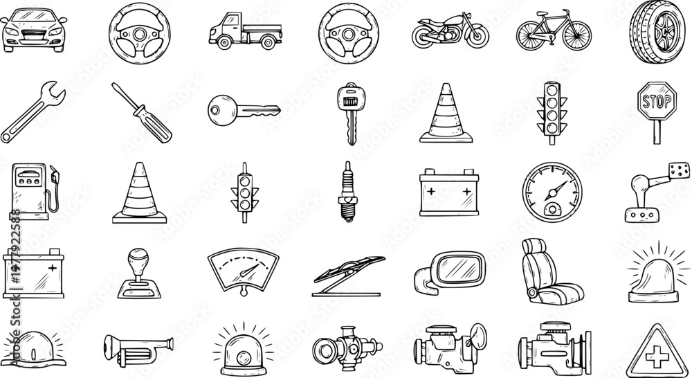 Fototapeta premium Hand-Drawn Automotive and Vehicle Icons Set: Doodle Style Car, Truck, Motorcycle Parts, Tools, and Road Signs Collection for Transportation and Repair