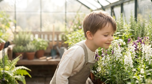 Child enjoying nature and smelling fresh flowers