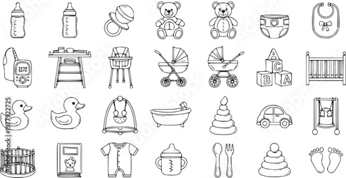 Outline Vector Icons Set of Baby Essentials and Nursery Items for Newborns and Infants, Detailed Line Art Collection on White Background