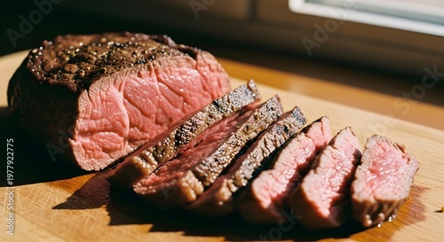 Freshly sliced medium rare beef steak on a wooden cutting board