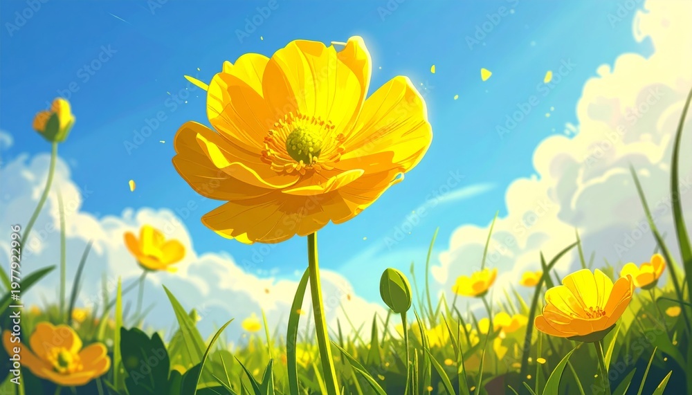 Fototapeta premium Vibrant yellow flowers in a lush green field under a bright blue sky.