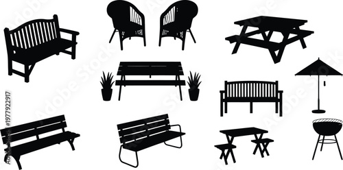 Cartoon garden benches vector set featuring picnic tables and outdoor wicker furniture designs for parks backyards and landscaping projects