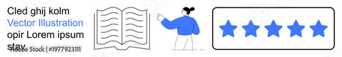 Education, learning, review systems, quality assurance, knowledge sharing, feedback analysis. Woman pointing at an open book with stars rating nearby. Education and review systems concept