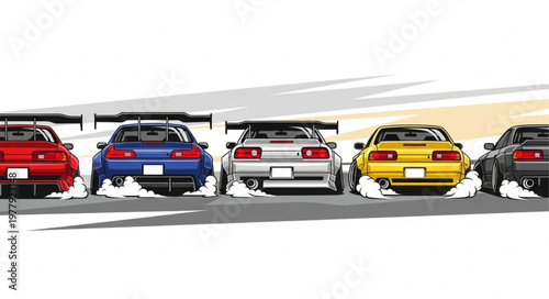 Five sports cars lined up with smoke coming from tires.