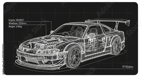 Detailed blueprint schematic of a sports car.