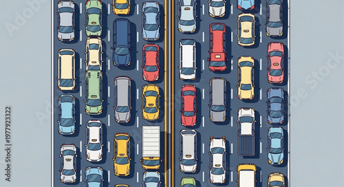 Aerial View of Heavy Traffic Congestion on a Highway.