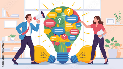 Professional man and woman communicating ideas and questions around a glowing lightbulb in an office