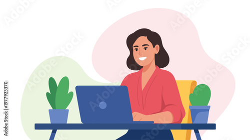Professional female happily focuses on her work on a portable computer with green plants