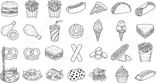 Hand-drawn Fast Food and Snack Doodles. Extensive black and white line art collection featuring burgers, fries, pizza, hot dogs, tacos, donuts, ice cream, chicken, pretzels, and more.