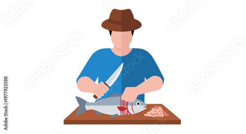 Man cutting fish on table.