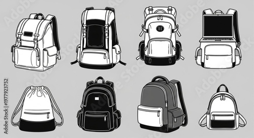 Collection of Backpack Illustrations - Diverse Styles and Designs for Various Uses.