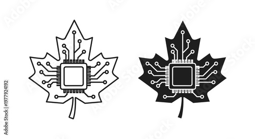 Circuit board maple leaves, tech leaf icons, electronic symbol, black and white vector graphics