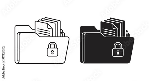 Secure folder icons, locked file symbols, black and white, line art, security concept, data protection
