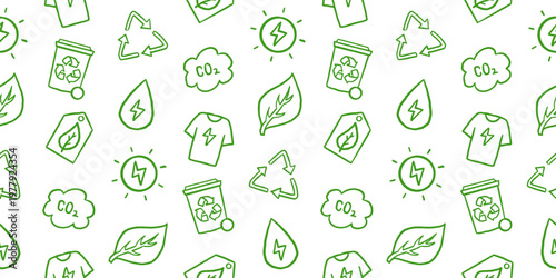 Seamless ecology pattern with green energy doodles recycle, CO2 clouds, solar power, eco clothing, and bio leaf icons