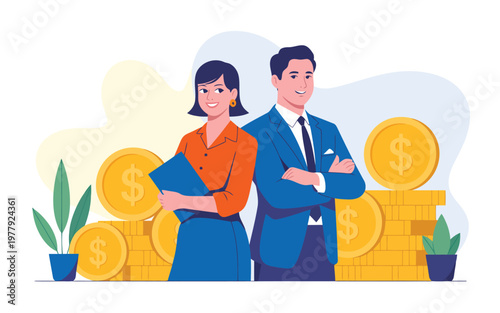 Smiling business man and woman stand confidently with gold dollar coins, representing financial success and partnership