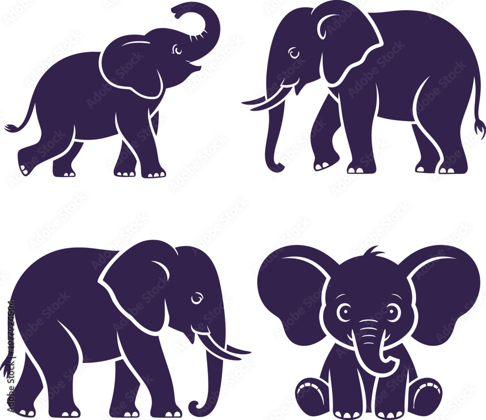 Fototapeta premium Set of four stylized elephant illustrations in a dark purple silhouette against a white background, showcasing their iconic shapes