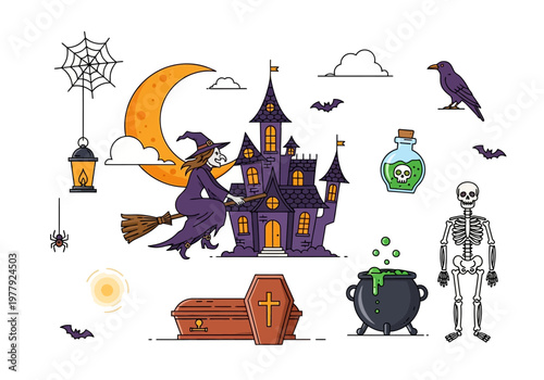 Festive Halloween Flat Vector Illustration Set Featuring Spooky Castle, Witch, Skeleton, and Coffin