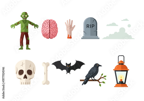 Vector illustration of Halloween icons including a zombie, brain, gravestone, skull, bat, crow, and lantern, perfect for festive designs