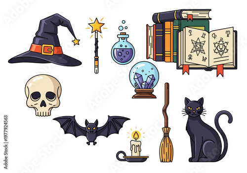 Vector illustration of a Halloween-themed collection featuring magical objects and spooky symbols like a witch hat, spellbook, and black cat for festive designs