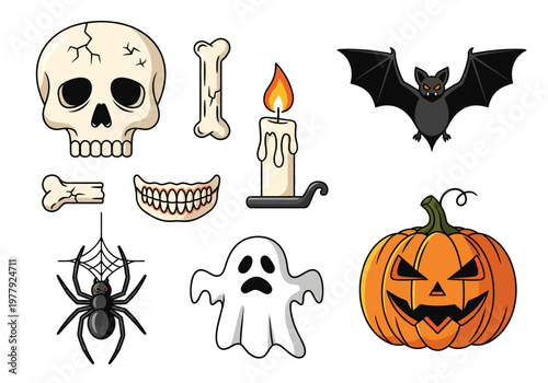 Collection of spooky Halloween icons a skull, teeth, bone, spider, ghost, candle, bat, and pumpkin