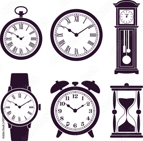 Diverse collection of time-keeping devices, including a pocket watch, alarm clock, grandfather clock, wristwatch, and hourglass, rendered in a clean silhouette style